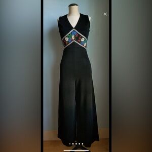 Vintage embroidered black flower boho jumpsuit
